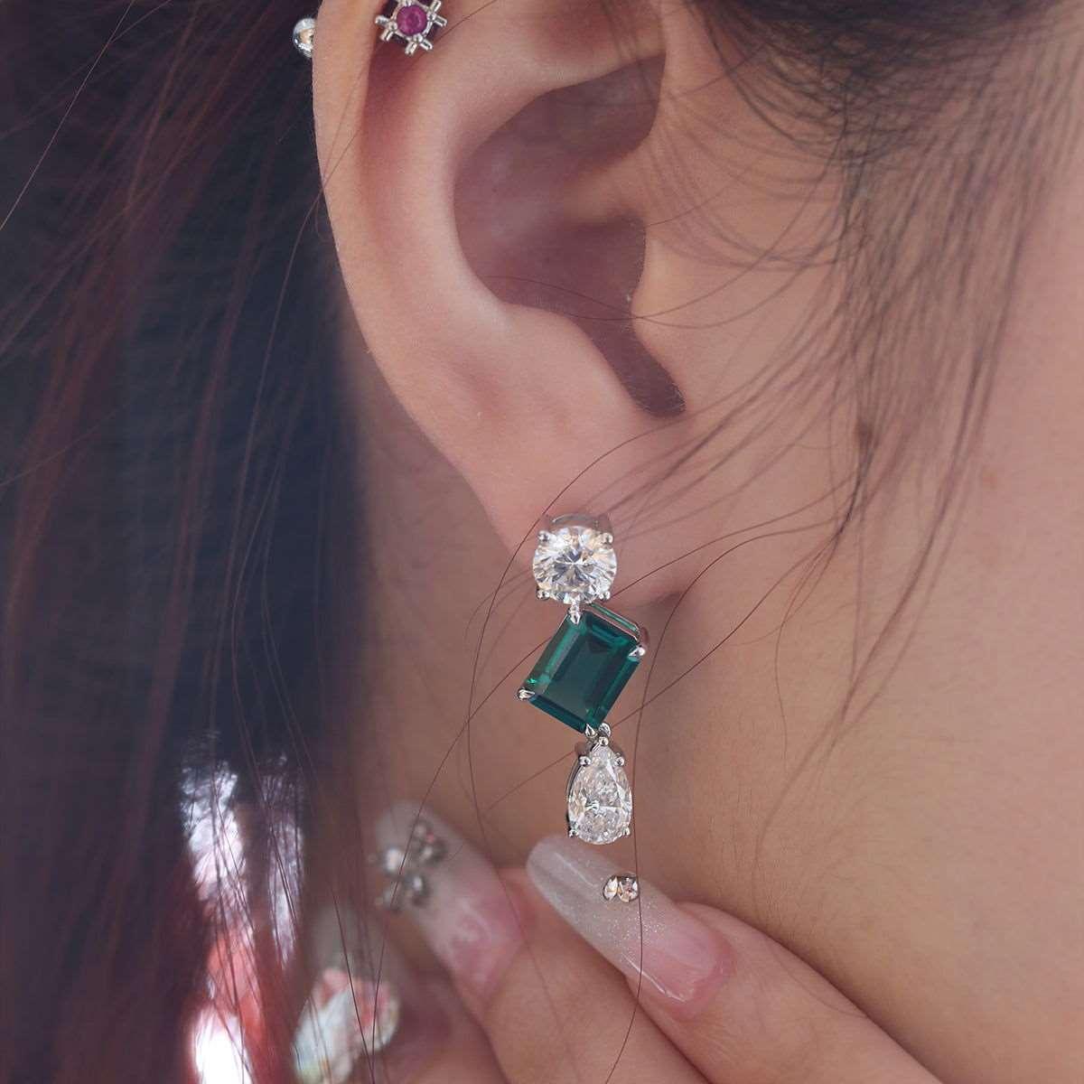 Platinum 7 ct tw Lab Zambian Emerald Round & Pear Lab Diamond Stud Earrings - FIORESE JEWELRY
