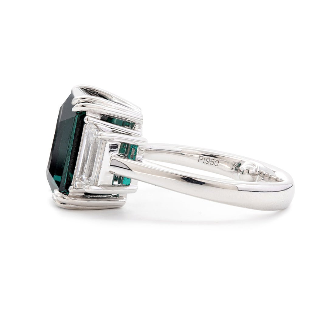 Platinum 9.4ct Verdelite Green Tourmaline Three - stone Ring with Step Cut Trapezoid Lab Diamond Side - stones - FIORESE JEWELRY
