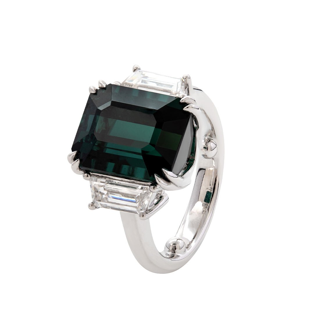 Platinum 9.4ct Verdelite Green Tourmaline Three - stone Ring with Step Cut Trapezoid Lab Diamond Side - stones - FIORESE JEWELRY