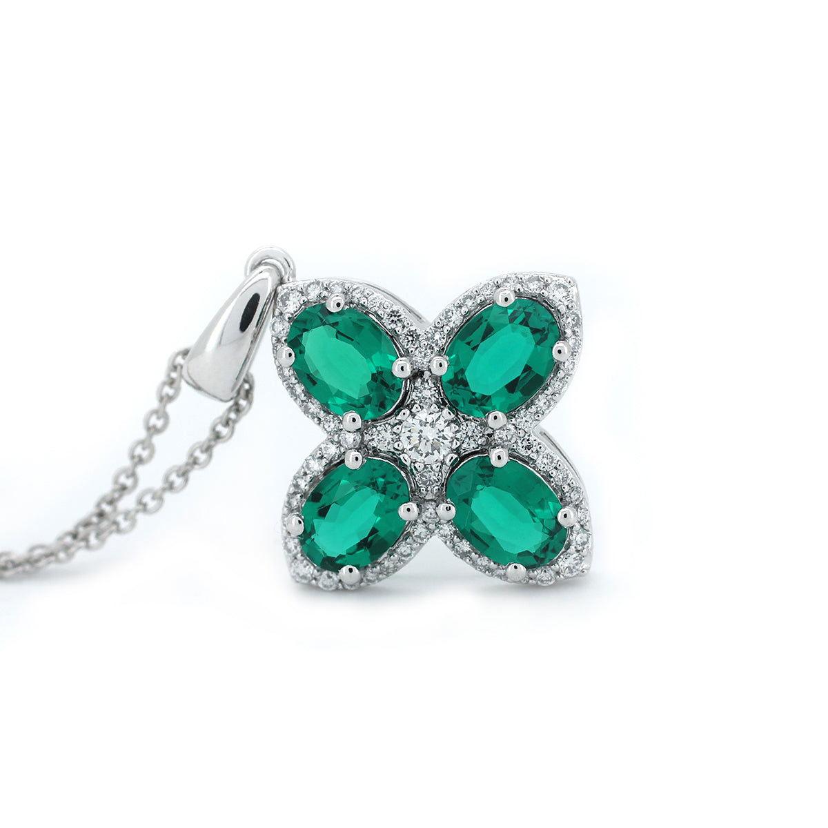 Platinum Oval Cut Lab Colombian Emerald Four - leaf Clover Lab Diamond Halo Necklace - FIORESE JEWELRY