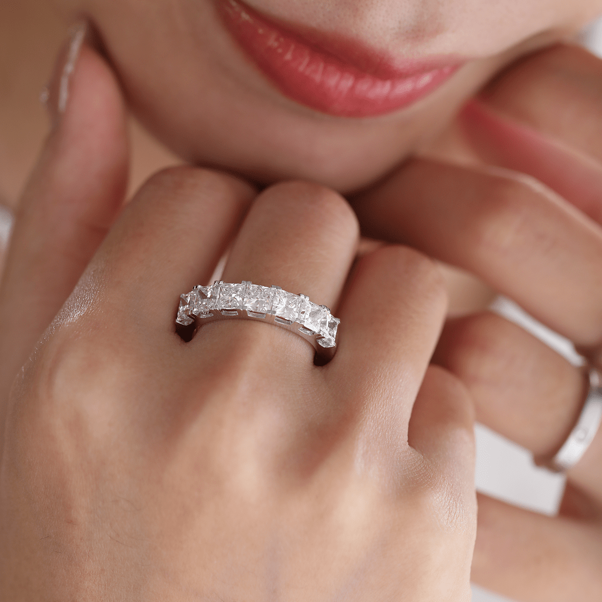 Platinum Princess Cut Lab Diamond 7 Stone Half Eternity Ring - FIORESE JEWELRY