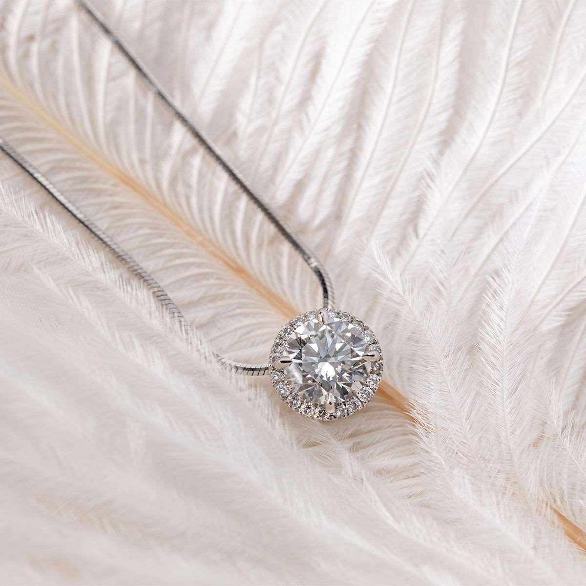Platinum Round Brilliant Cut Lab Diamond Halo Setting Necklace - FIORESE JEWELRY