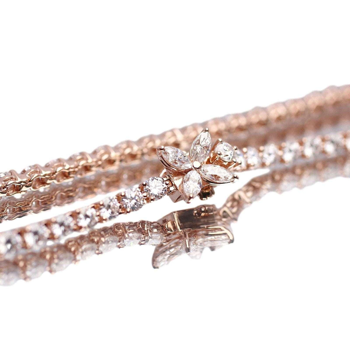 Round Cut Lab Diamond Three - Prong Basket Tennis Bracelet with Floral Marquise Diamond Box Clasp - FIORESE JEWELRY