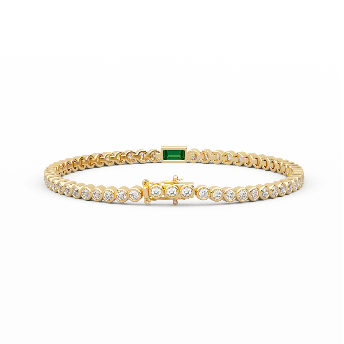 Round Lab Diamond Bezel - Set Tennis Bracelet with a Baguette Cut Lab Emerald Center Stone - FIORESE JEWELRY