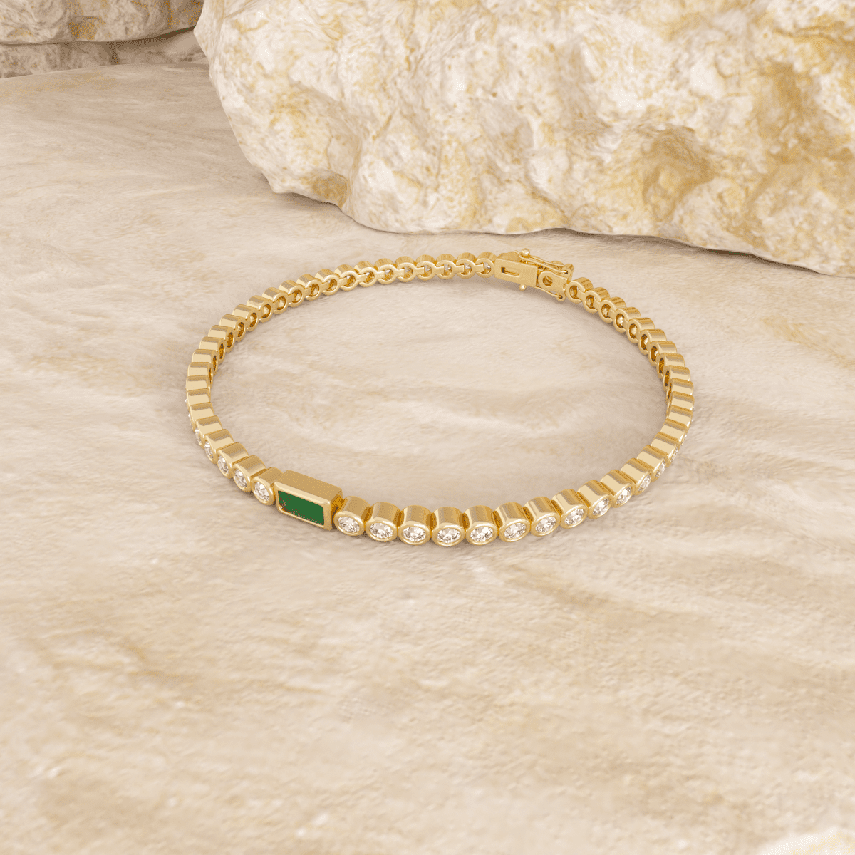 Round Lab Diamond Bezel - Set Tennis Bracelet with a Baguette Cut Lab Emerald Center Stone - FIORESE JEWELRY