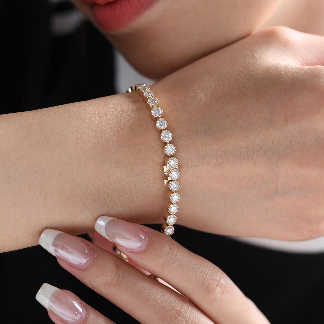 Round Lab Diamond Millegrain Bezel - Set Tennis Bracelet with Box Clasp - FIORESE JEWELRY