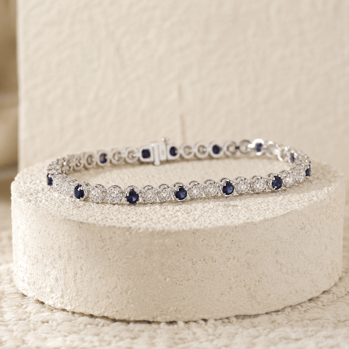 Round Lab Diamond & Royal Blue Lab Sapphire Crown-Set Tennis Bracelet - FIORESE JEWELRY