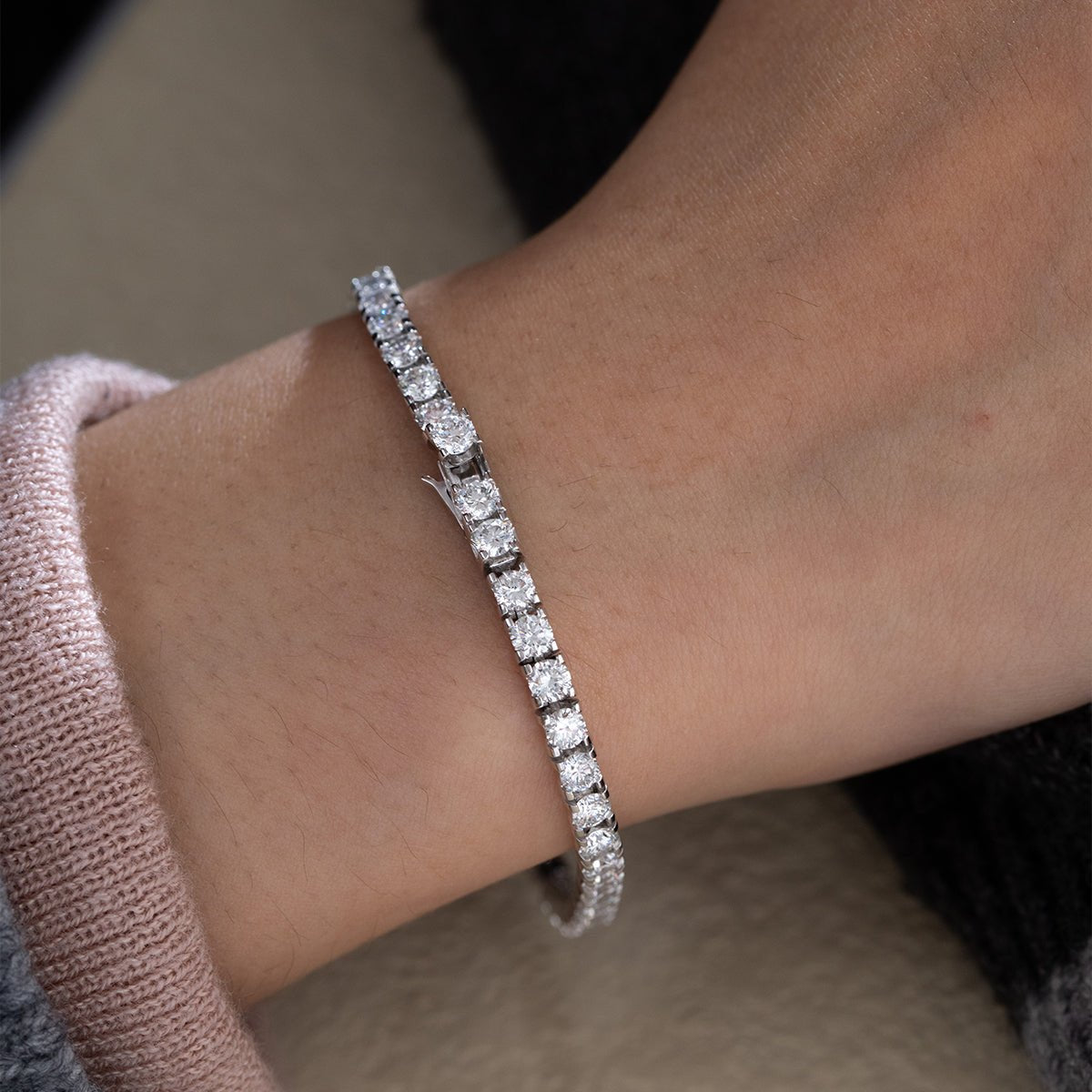 Round Lab Diamond Tennis Bracelet with U - Shaped Pavé Channel - Back Setting - FIORESE JEWELRY