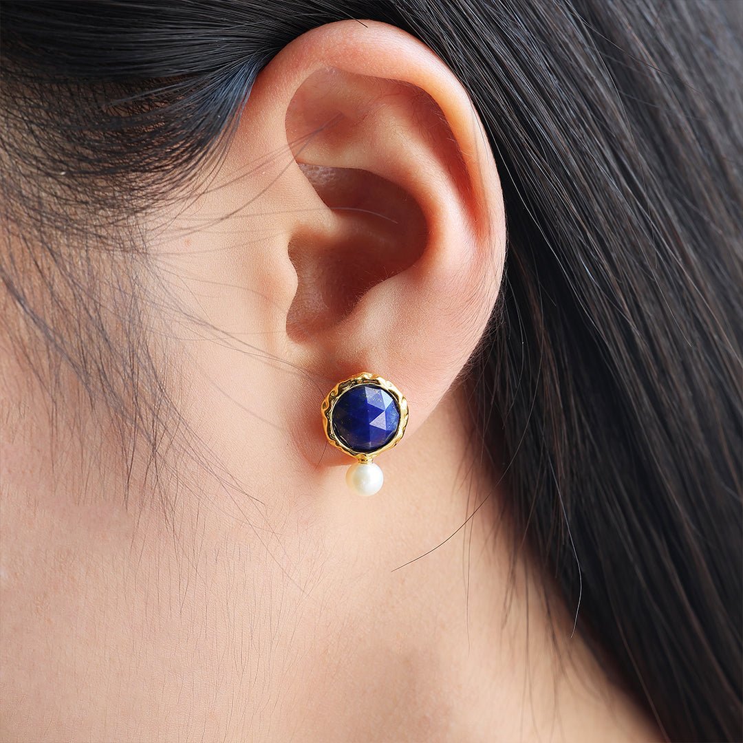 Round Lapis Lazuli & Pearl Earrings - LGG Jewelry