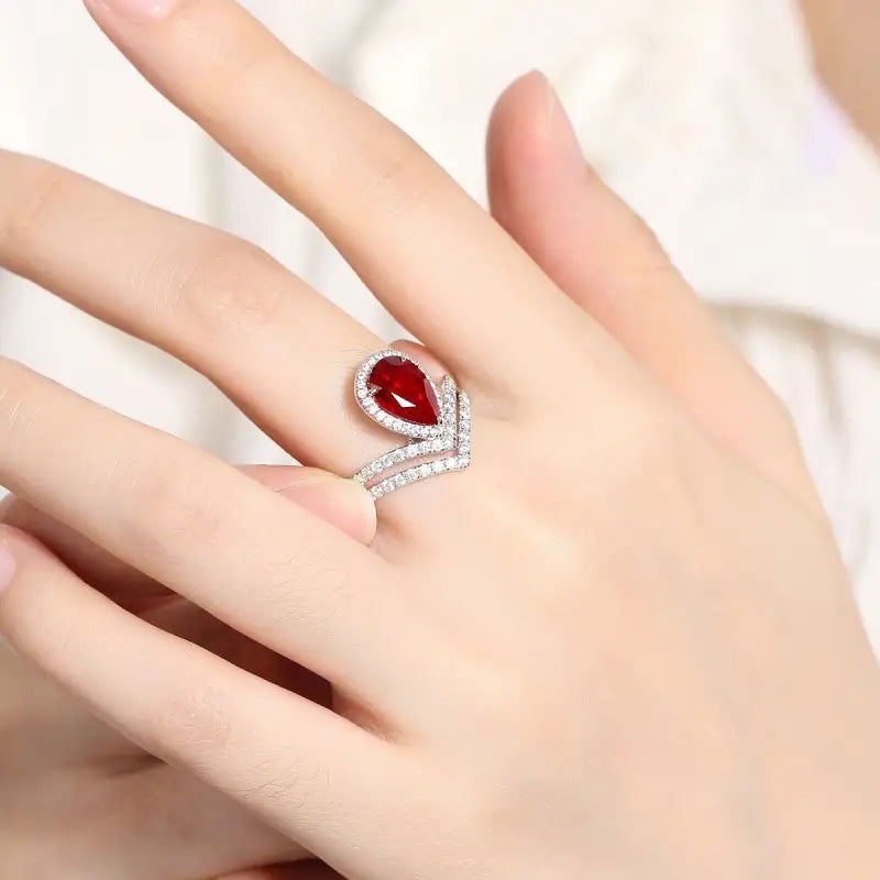 Split Shank Crown 2.7 Ct Pear Lab Ruby Half Pave Halo Engagement Ring - LGG Jewelry