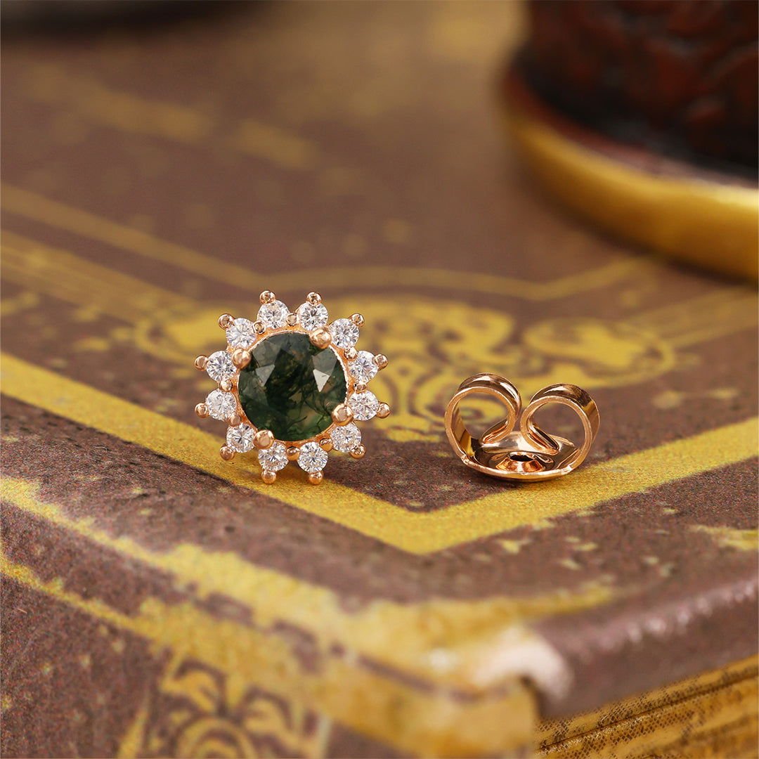 Sunny Halo Round Cut Moss Agate Ear Studs - LGG Jewelry