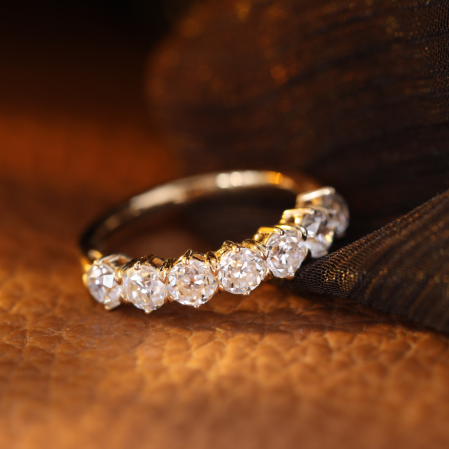Old European-Cut Lab Diamond 7-Stone Half Eternity Ring with Tapered Band