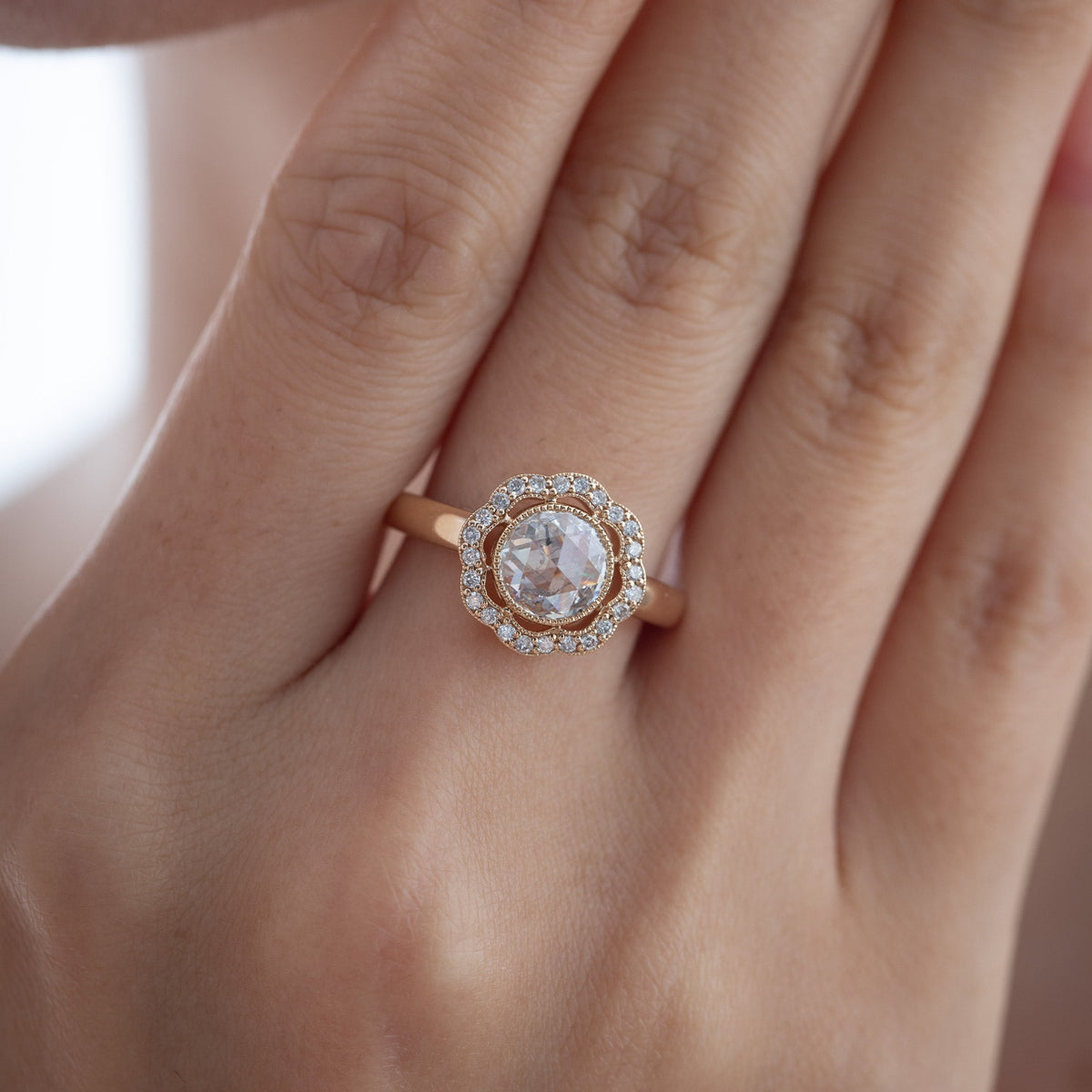 1.22CT Round Rose Cut Halo Design Bezel Set Ring - FIORESE JEWELRY