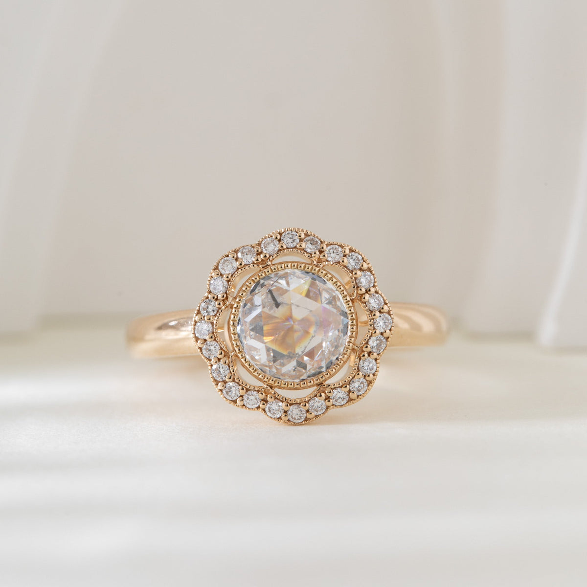 1.22CT Round Rose Cut Halo Design Bezel Set Ring - FIORESE JEWELRY