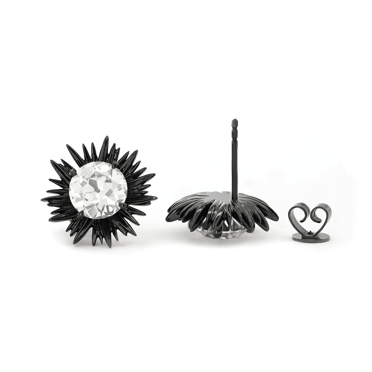 14K Gold with Black Rhodium Plated 2 ct tw Old European Cut Lab Dimaond Sea Urchin Nature - Inspired Stud Earrings - FIORESE JEWELRY