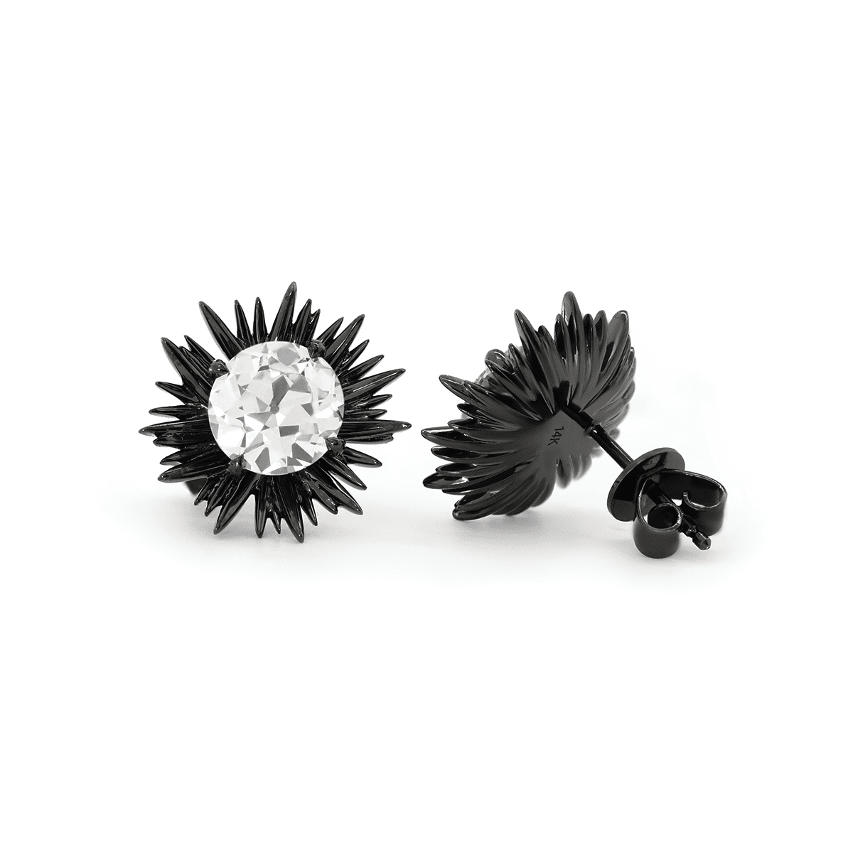 14K Gold with Black Rhodium Plated 2 ct tw Old European Cut Lab Dimaond Sea Urchin Nature - Inspired Stud Earrings - FIORESE JEWELRY