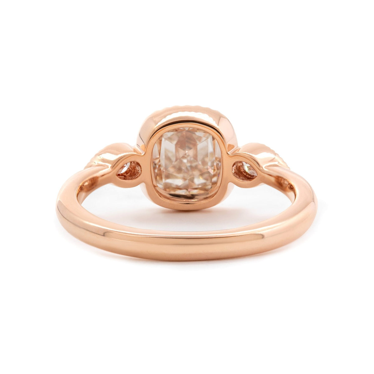 14K Rose Gold 1.5ct Cushion Rose Cut Lab Diamond Millegrain Bezel Three - stone Ring with Pear Shaped Side - stone Design - FIORESE JEWELRY