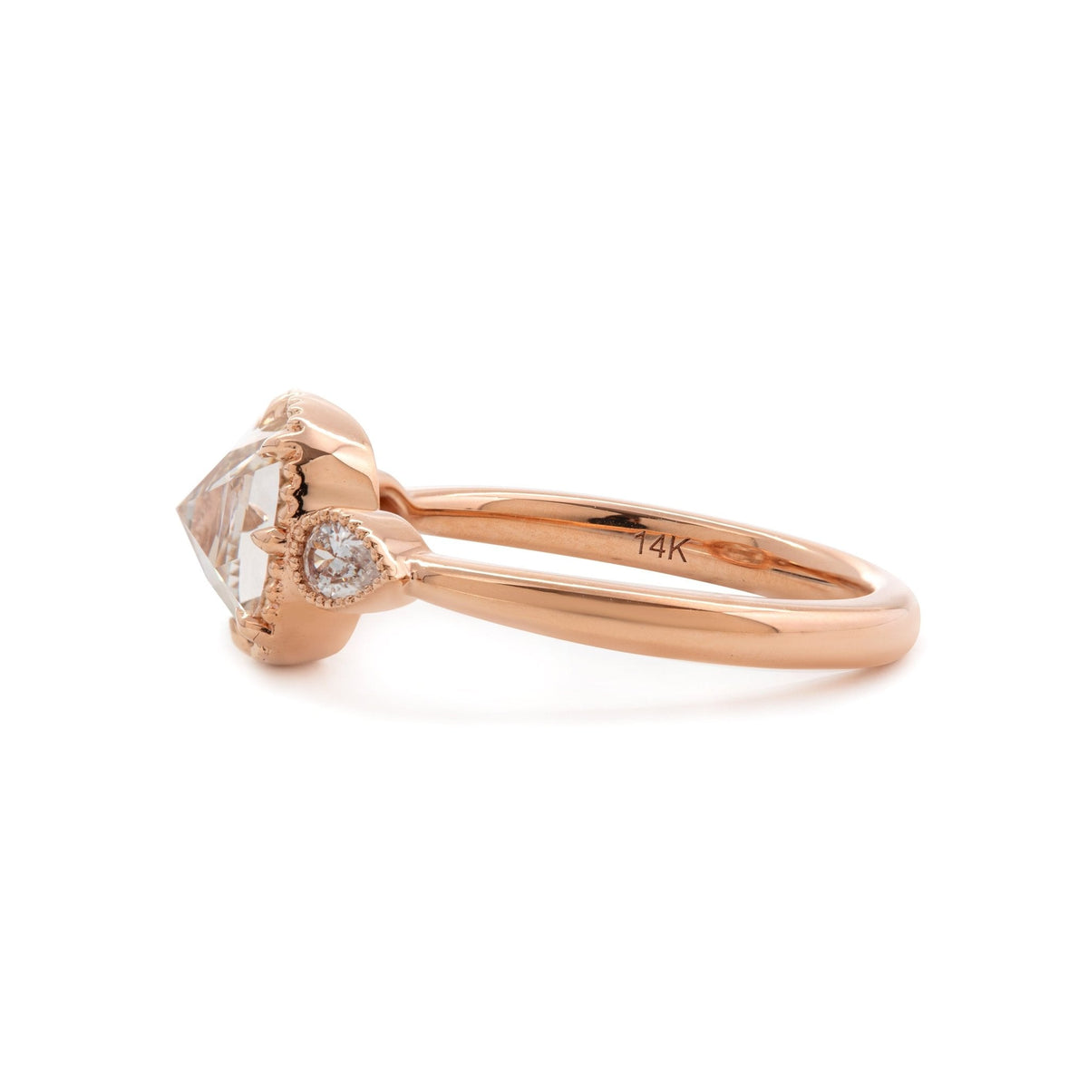 14K Rose Gold 1.5ct Cushion Rose Cut Lab Diamond Millegrain Bezel Three - stone Ring with Pear Shaped Side - stone Design - FIORESE JEWELRY