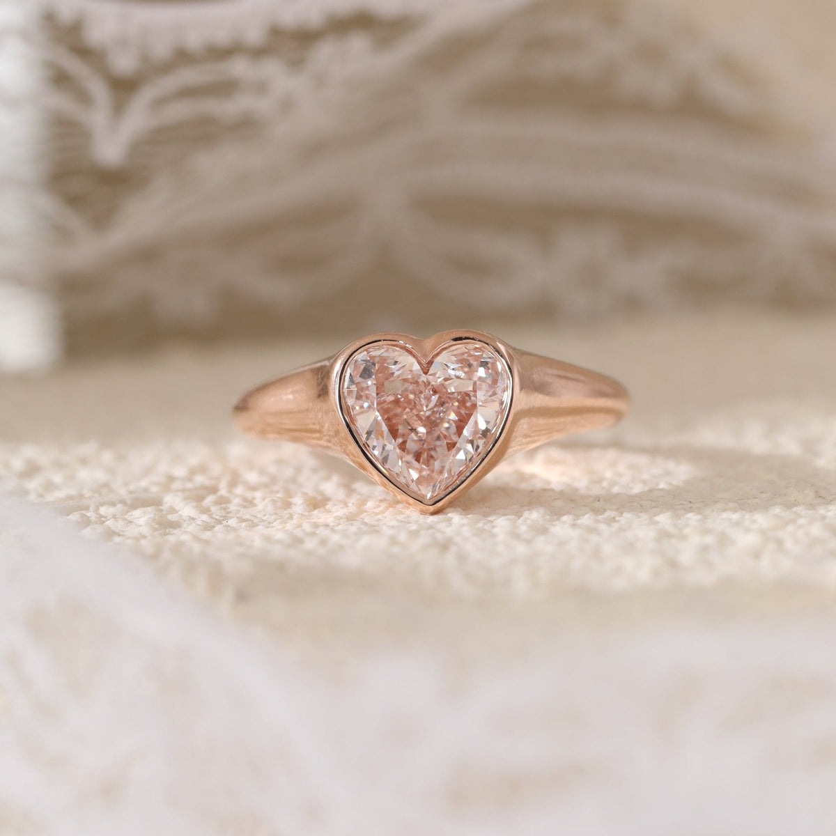 14K Rose Gold 1ct Heart Cut Pink Lab Diamond Bezel Solitaire Ring - FIORESE JEWELRY