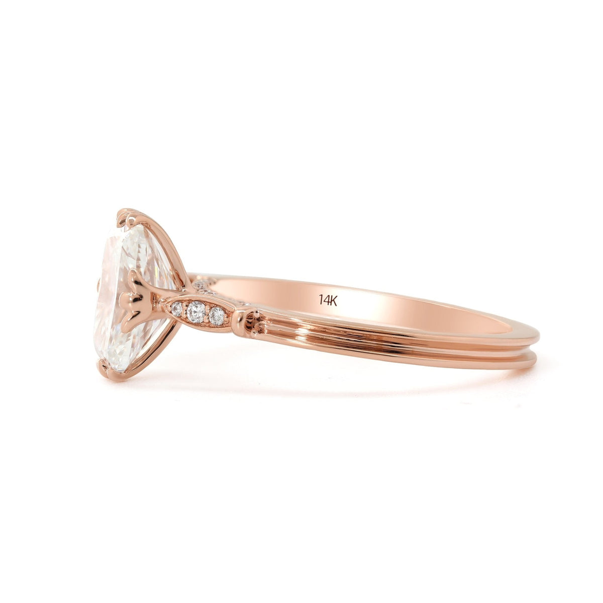 14K Rose Gold 2ct Elongated Cushion Cut Lab Diamond Triple Prong Cathedral Design Ring - FIORESE JEWELRY