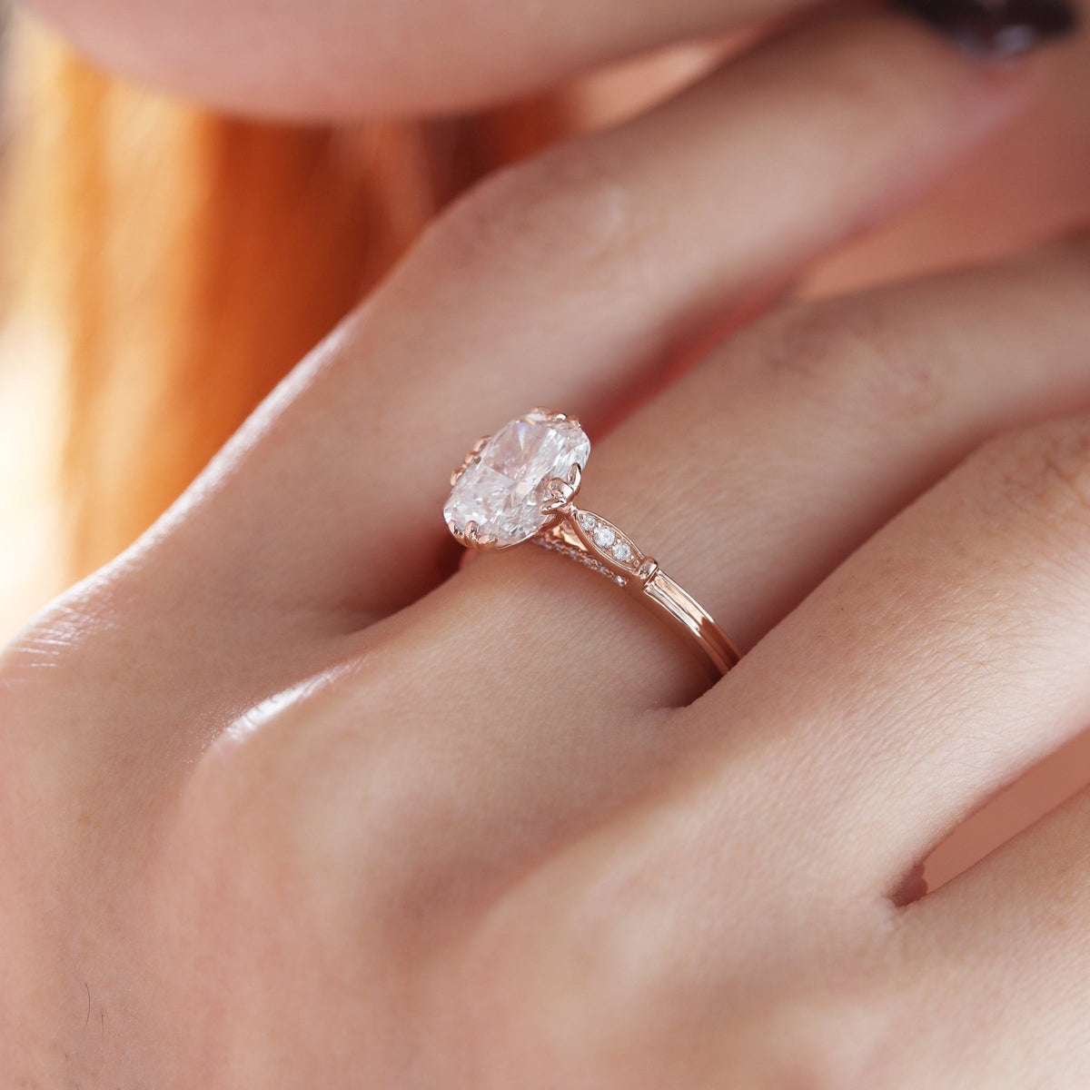 14K Rose Gold 2ct Elongated Cushion Cut Lab Diamond Triple Prong Cathedral Design Ring - FIORESE JEWELRY