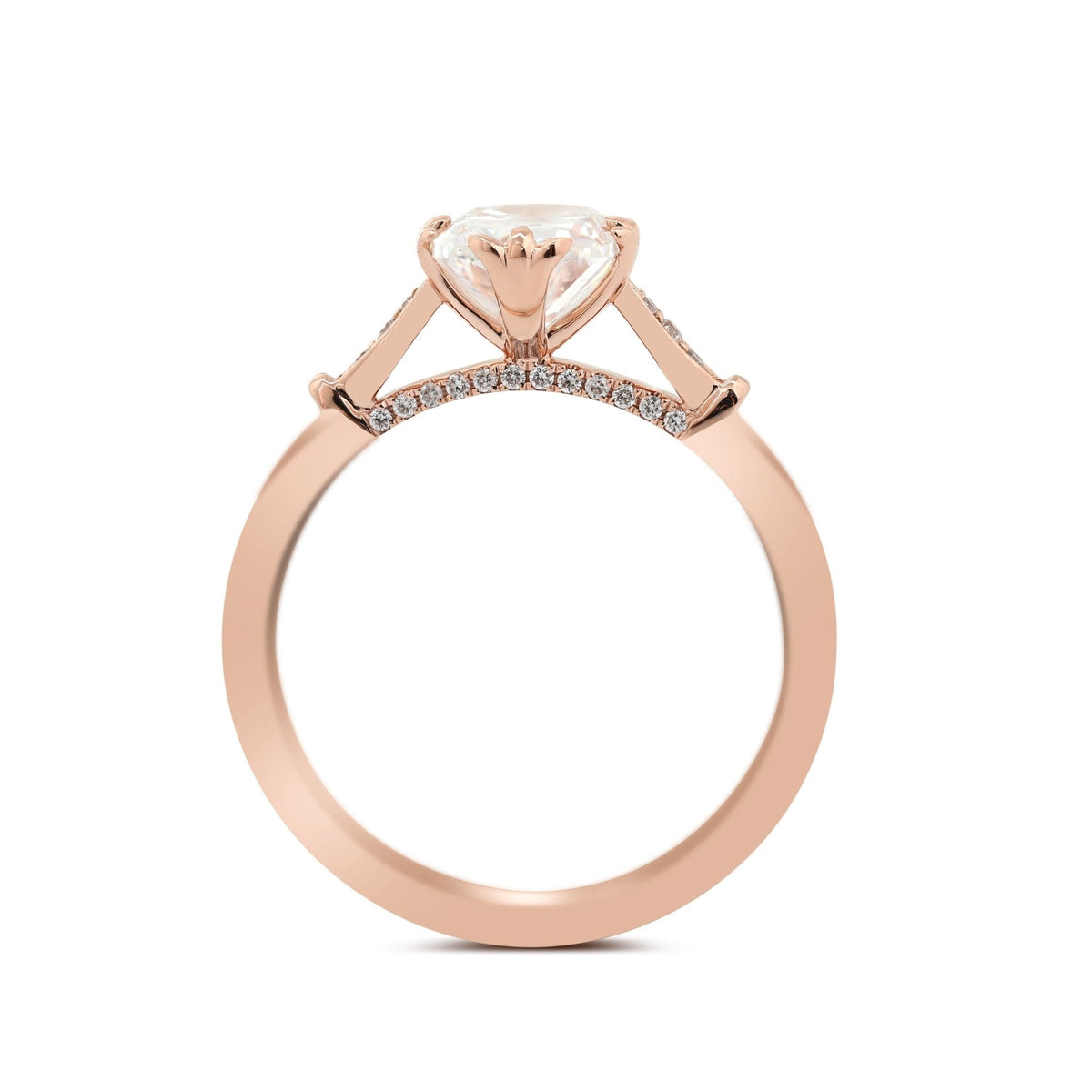 14K Rose Gold 2ct Elongated Cushion Cut Lab Diamond Triple Prong Cathedral Design Ring - FIORESE JEWELRY
