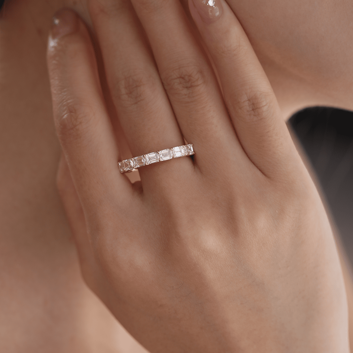 14K Rose Gold 4*3mm Emerald Cut Lab Diamond East - West Orientation Half Eternity Ring - FIORESE JEWELRY