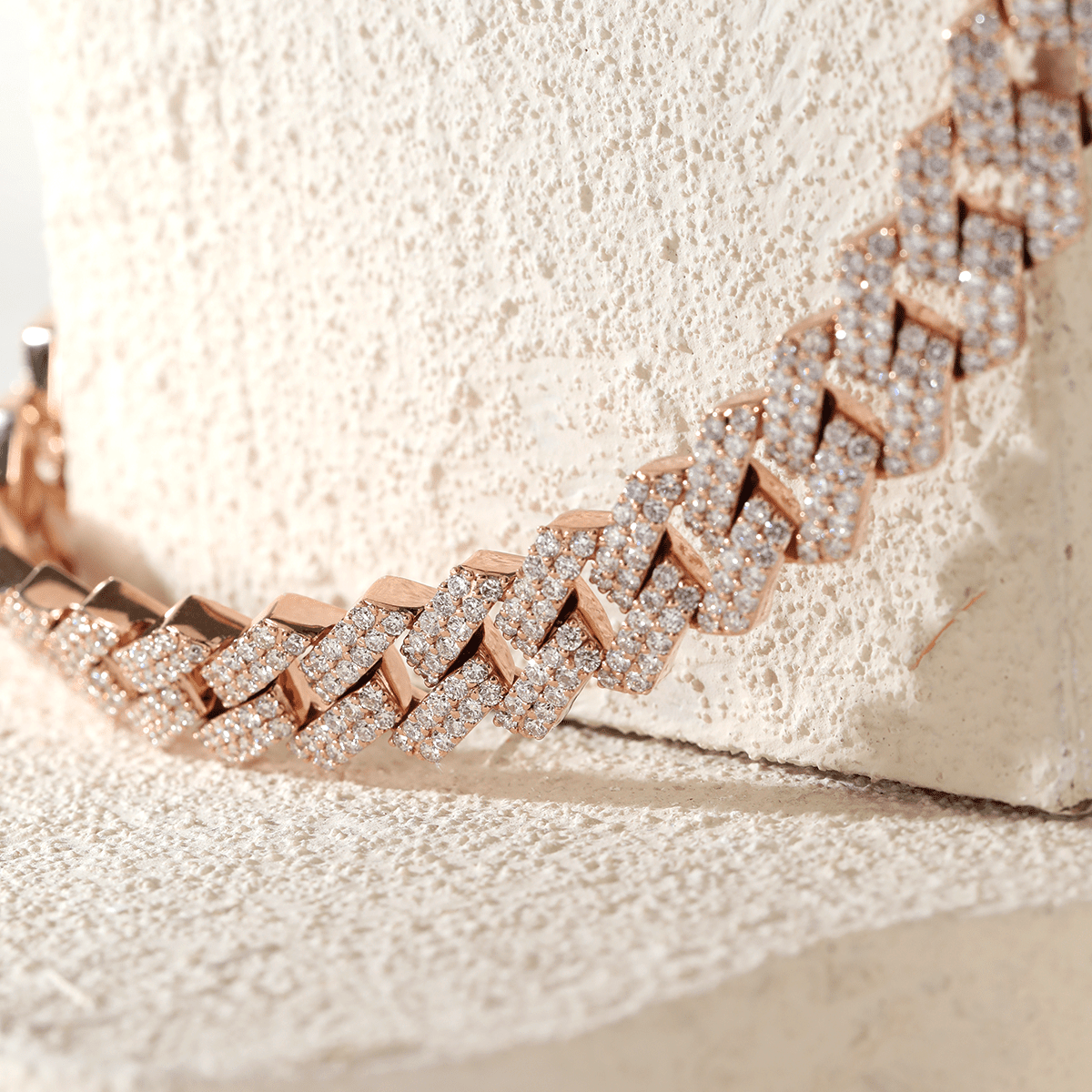 14K Rose Gold Iced Out Cuban Link Chain Necklace with Round Lab Diamond - FIORESE JEWELRY