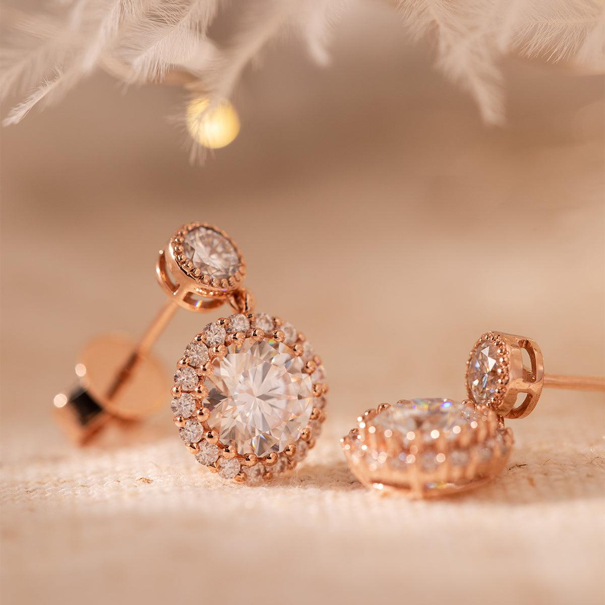 14K Rose Gold Round Lab Diamond Halo Stud Earrings - FIORESE JEWELRY