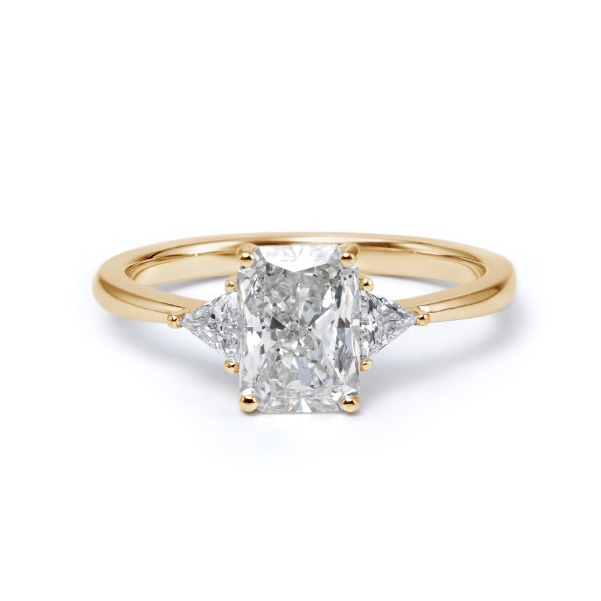 14K White Gold 1.5ct Radiant Cut Lab Diamond Three Stone Ring with Triangular Cut Lab Diamond Side Stones and Tapered Band Design - FIORESE JEWELRY
