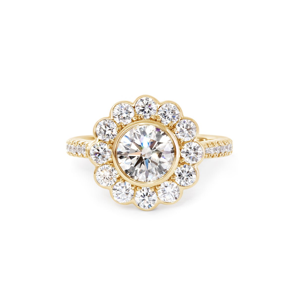 14K White Gold 1.5ct Round Cut Lab Diamond Halo Ring with Tapered Band and Half Circle Pave - FIORESE JEWELRY