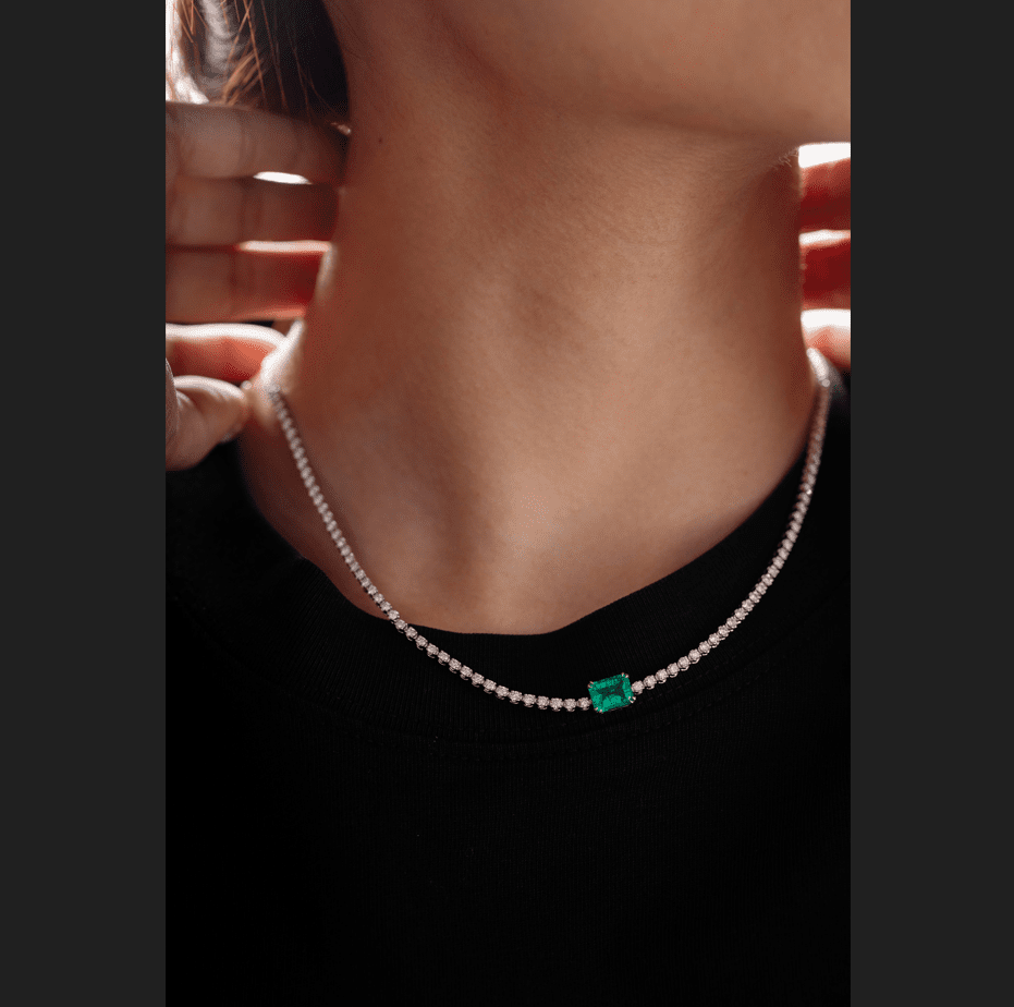 14K White Gold 1.8mm Round Lab Diamond Tennis Necklace with A 8*6mm Lab Emerald - FIORESE JEWELRY