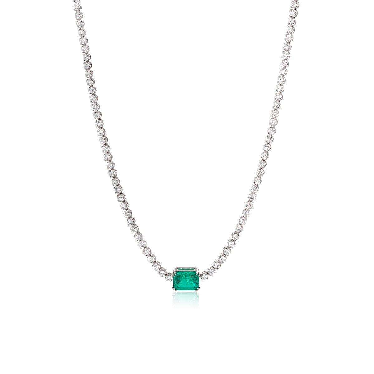 14K White Gold 1.8mm Round Lab Diamond Tennis Necklace with A 8*6mm Lab Emerald - FIORESE JEWELRY