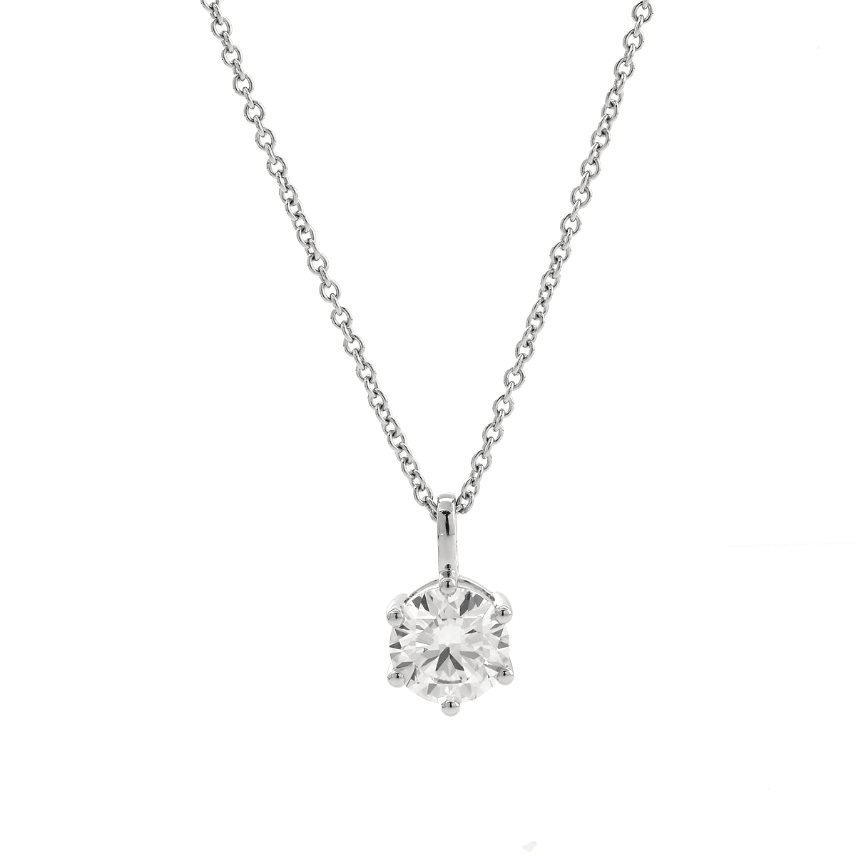 14K White Gold 1ct Round Lab Diamond 6 Round Prongs Basket Setting Pendant Necklace - FIORESE JEWELRY