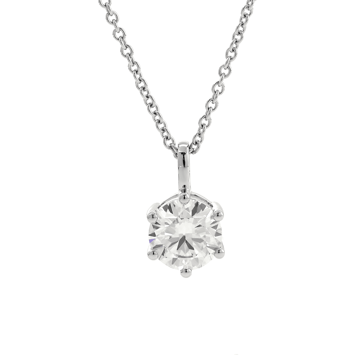 14K White Gold 1ct Round Lab Diamond 6 Round Prongs Basket Setting Pendant Necklace - FIORESE JEWELRY