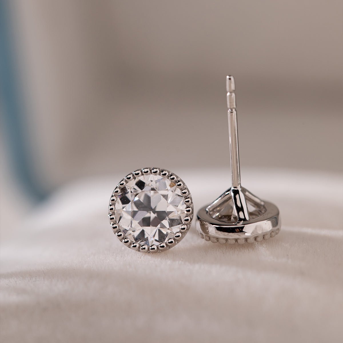 14K White Gold 2 ct tw Old European Cut Lab Diamond Millegrain Stud Earrings - FIORESE JEWELRY