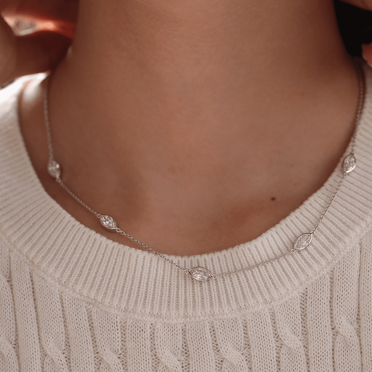 14K White Gold 2.5 ct tw Marquise Cut Lab Diamond Bezel 5 - Stone Station Necklace - FIORESE JEWELRY