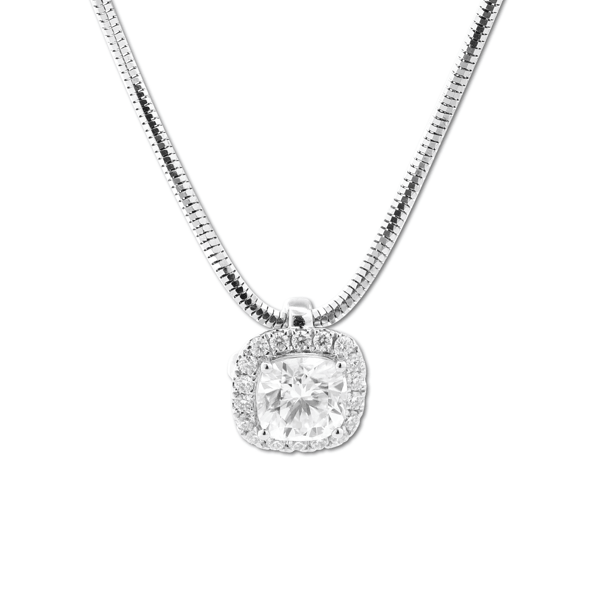 14K White Gold 2ct Cushion Lab Diamond Pendant Necklace with Round Lab Diamond Halo and Snake Chain - FIORESE JEWELRY
