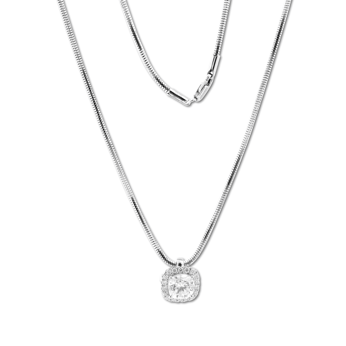 14K White Gold 2ct Cushion Lab Diamond Pendant Necklace with Round Lab Diamond Halo and Snake Chain - FIORESE JEWELRY