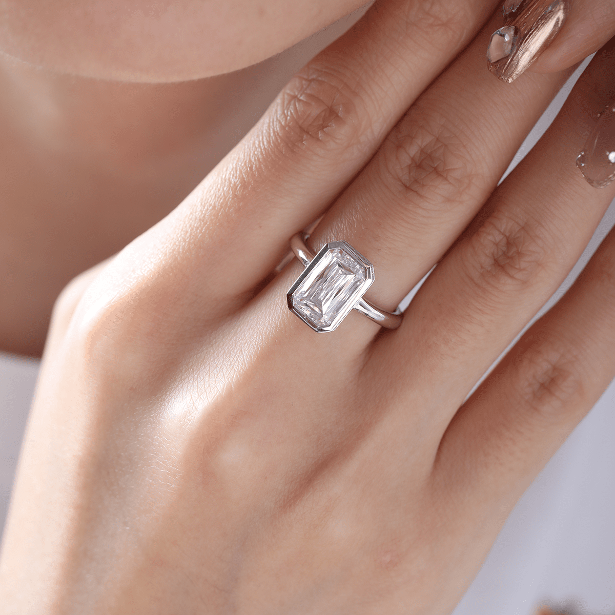 14K White Gold 3ct Criss Cut Bezel Ring with Round Lab Diamond Hidden Halo - FIORESE JEWELRY
