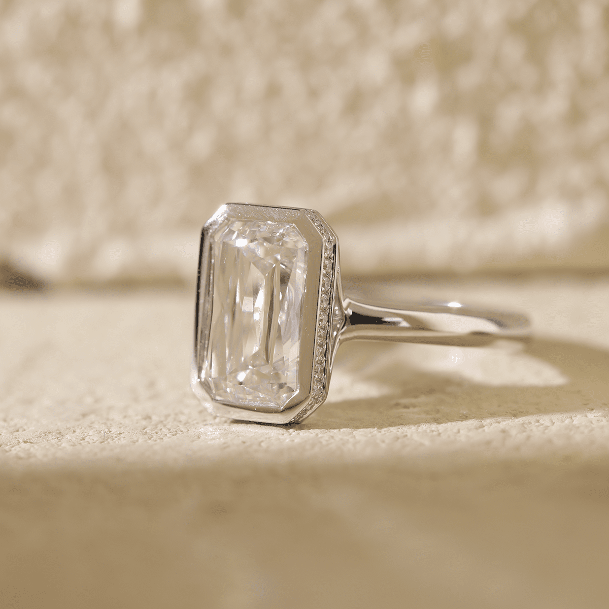 14K White Gold 3ct Criss Cut Bezel Ring with Round Lab Diamond Hidden Halo - FIORESE JEWELRY