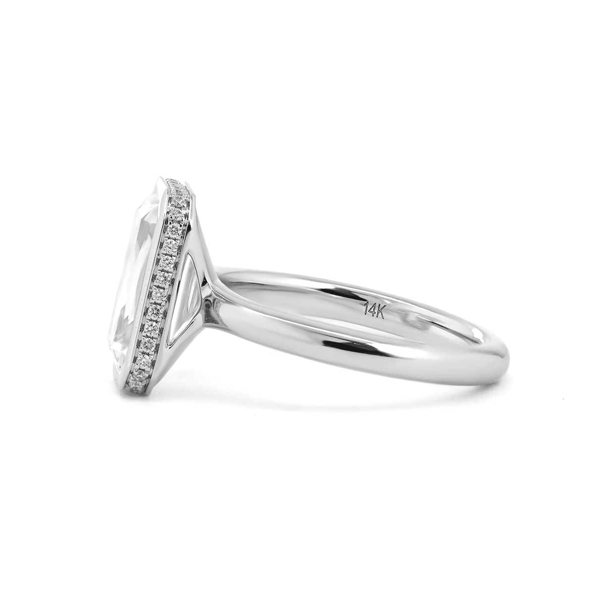 14K White Gold 3ct Criss Cut Bezel Ring with Round Lab Diamond Hidden Halo - FIORESE JEWELRY