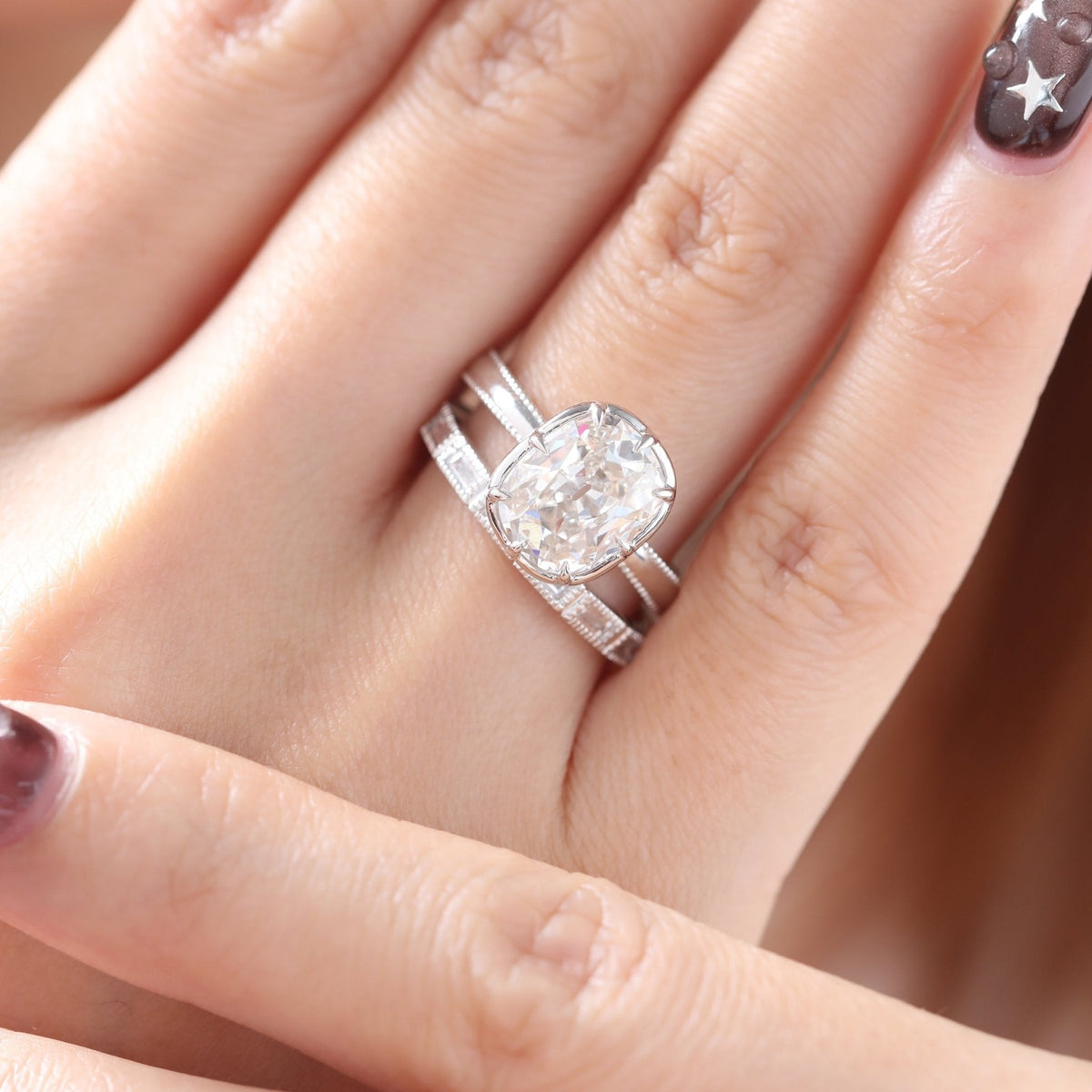 14K White Gold 3ct Elongated Old Mine Cut Lab Diamond 8 Claw Prong Basket Solitaire Ring with Millegrain Tapered Band Design - FIORESE JEWELRY