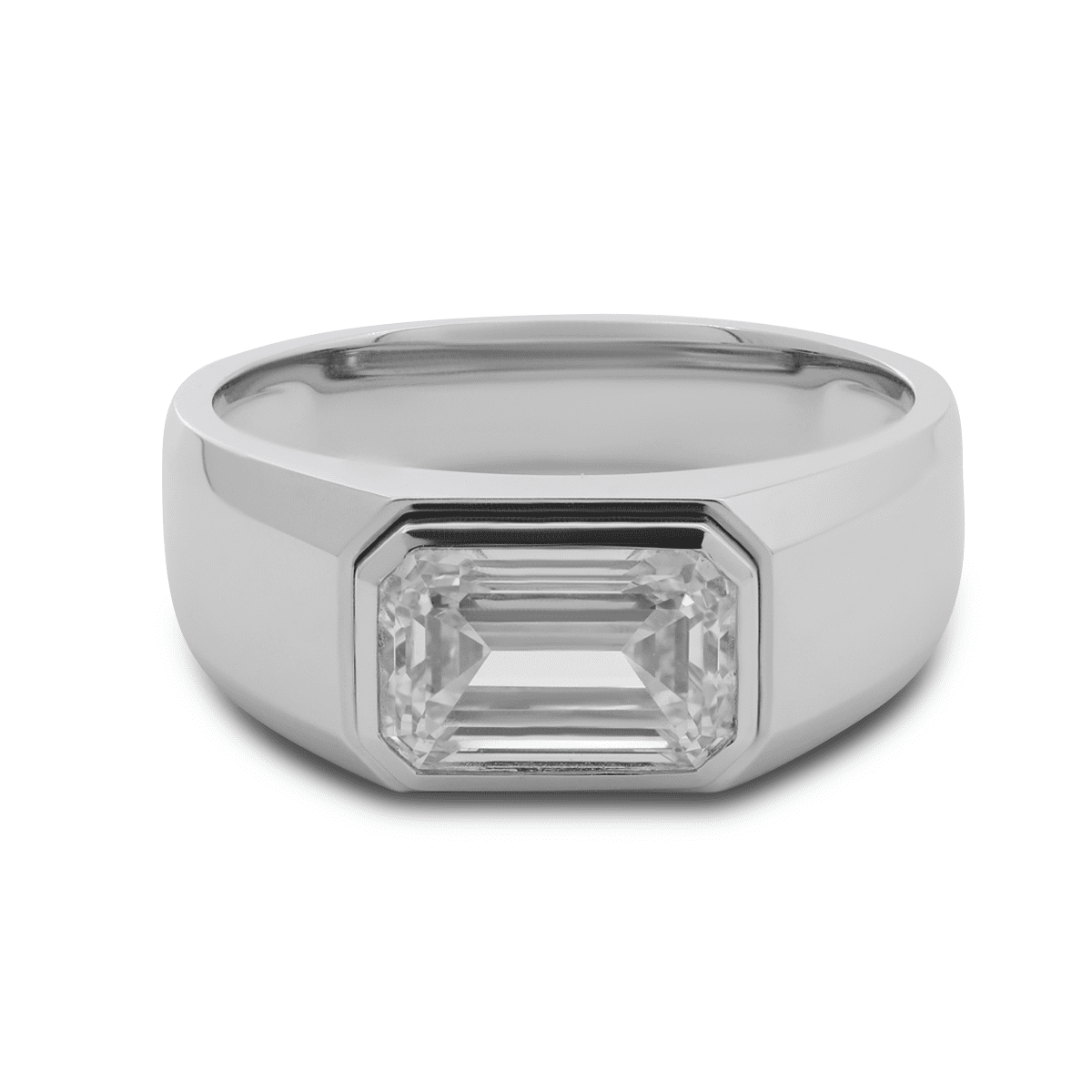 14K White Gold 3ct Emerald Cut Lab Diamond Bezel Men's Ring in Tapered Band Design - FIORESE JEWELRY