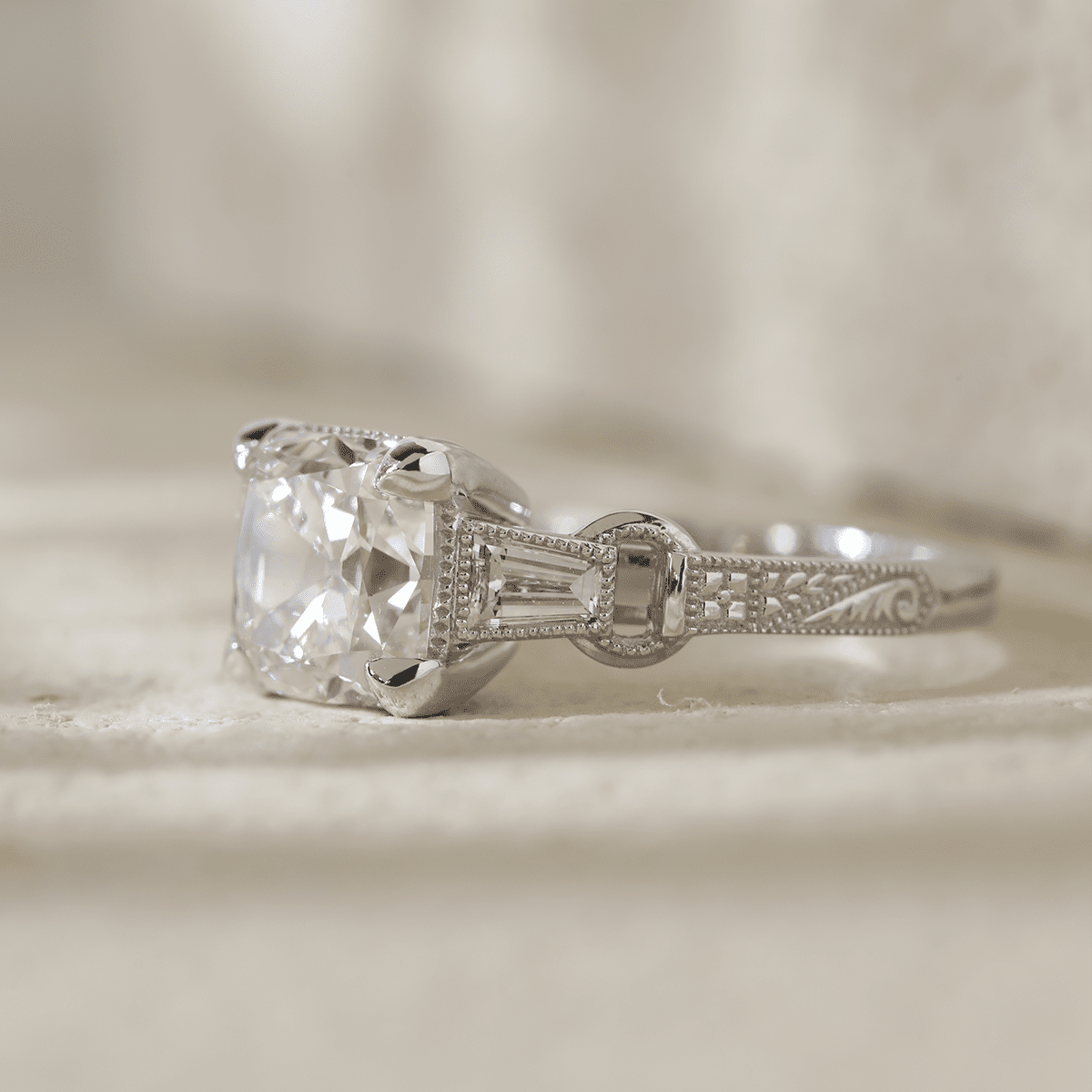 14K White Gold 3ct Old Mine Cut Lab Diamond Art Deco Style Vintage Engraved Three - stone Ring with Tapered Baguette Cut Side Stones - FIORESE JEWELRY