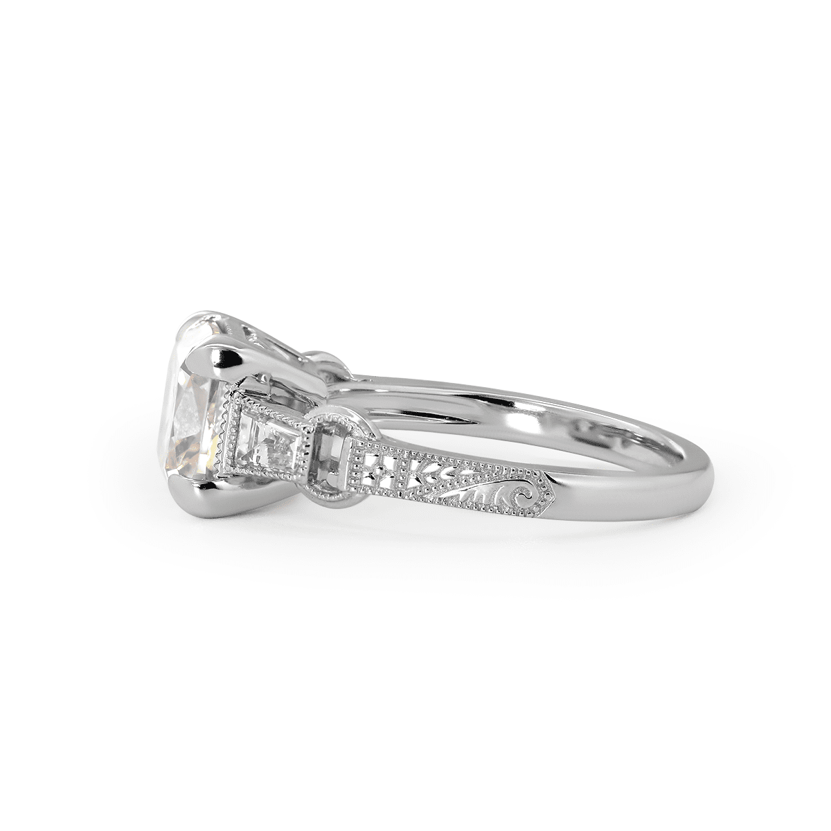 14K White Gold 3ct Old Mine Cut Lab Diamond Art Deco Style Vintage Engraved Three - stone Ring with Tapered Baguette Cut Side Stones - FIORESE JEWELRY