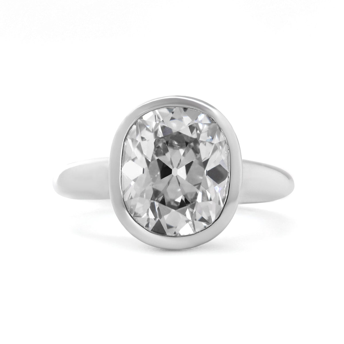 14K White Gold 4.5ct Elongated Old Mine Cut Lab Diamond Bezel Solitaire Ring - FIORESE JEWELRY