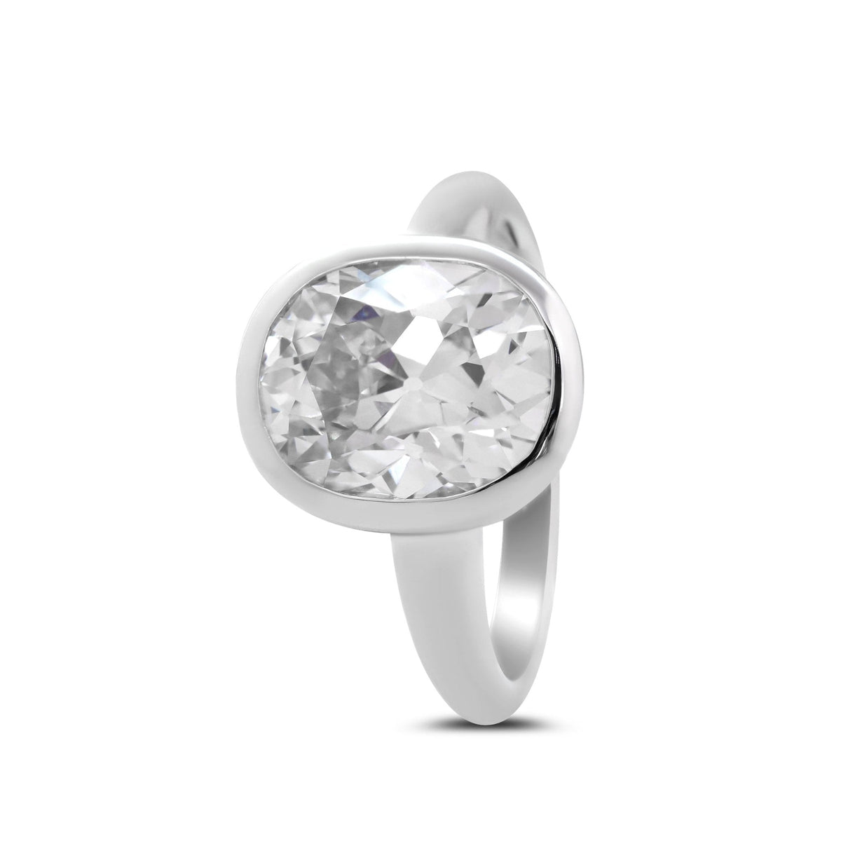 14K White Gold 4.5ct Elongated Old Mine Cut Lab Diamond Bezel Solitaire Ring - FIORESE JEWELRY
