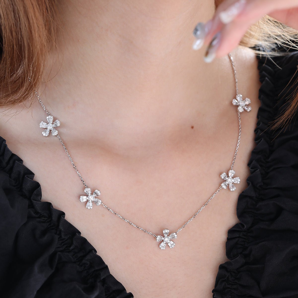 14K White Gold 5 - Flower Station Necklace with Round and Baguette Cut Lab Diamonds - FIORESE JEWELRY