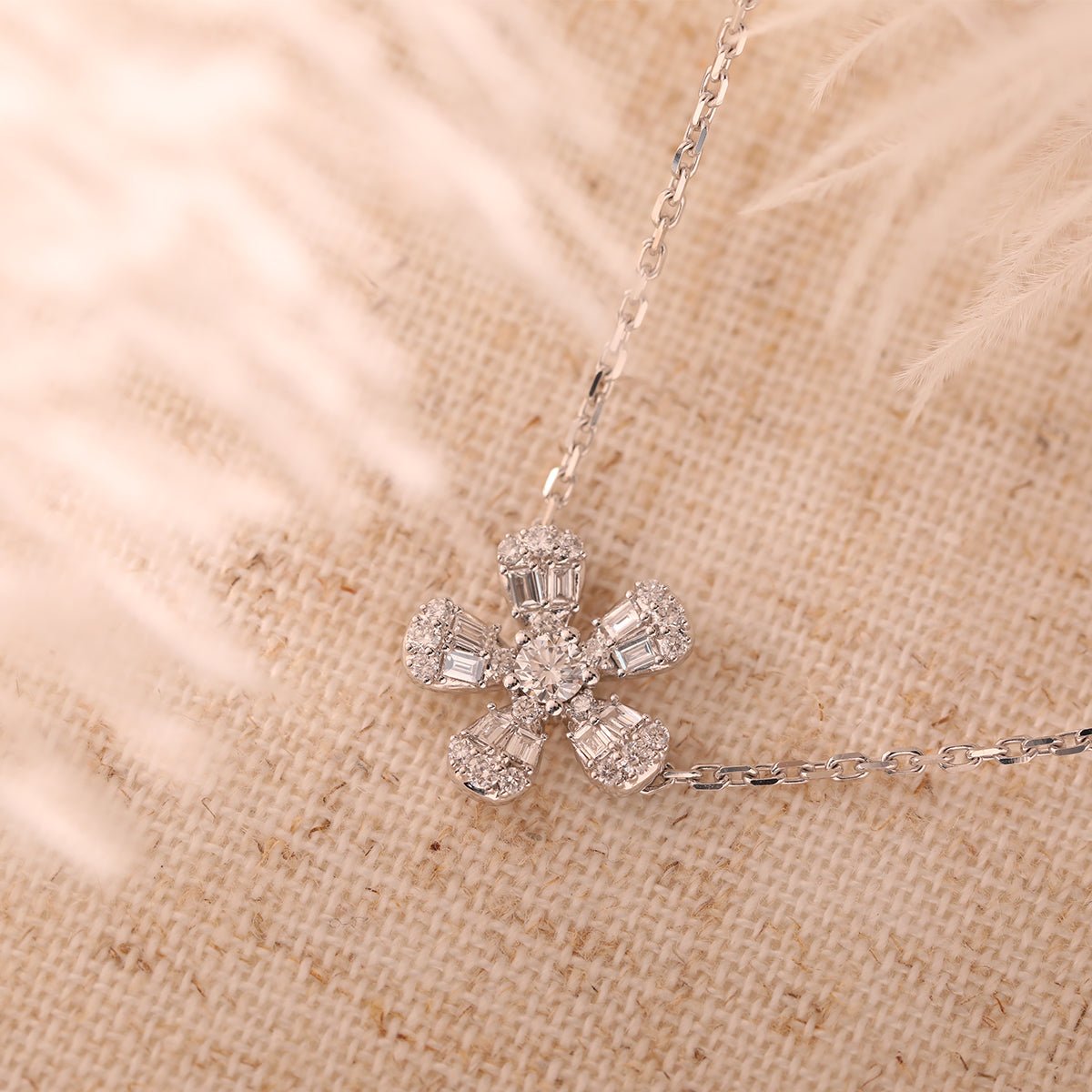 14K White Gold 5 - Flower Station Necklace with Round and Baguette Cut Lab Diamonds - FIORESE JEWELRY